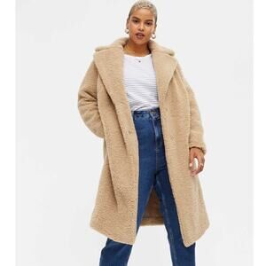 New Look Curves Camel Cozy Teddy Sherpa Long Coat Plus Size 16 Winter Beige